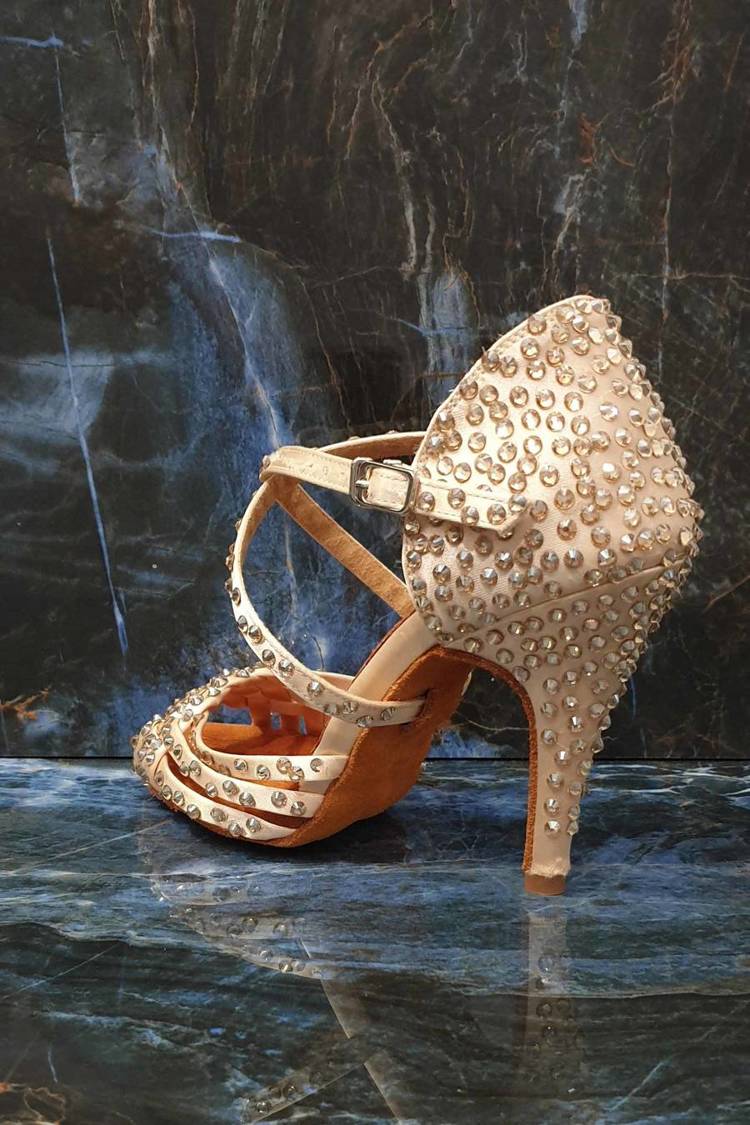  Latin dance shoes with crystals, for wedding, satin and natural leather wedding, apricot color, heel 10 cm slim, Sally Crystal